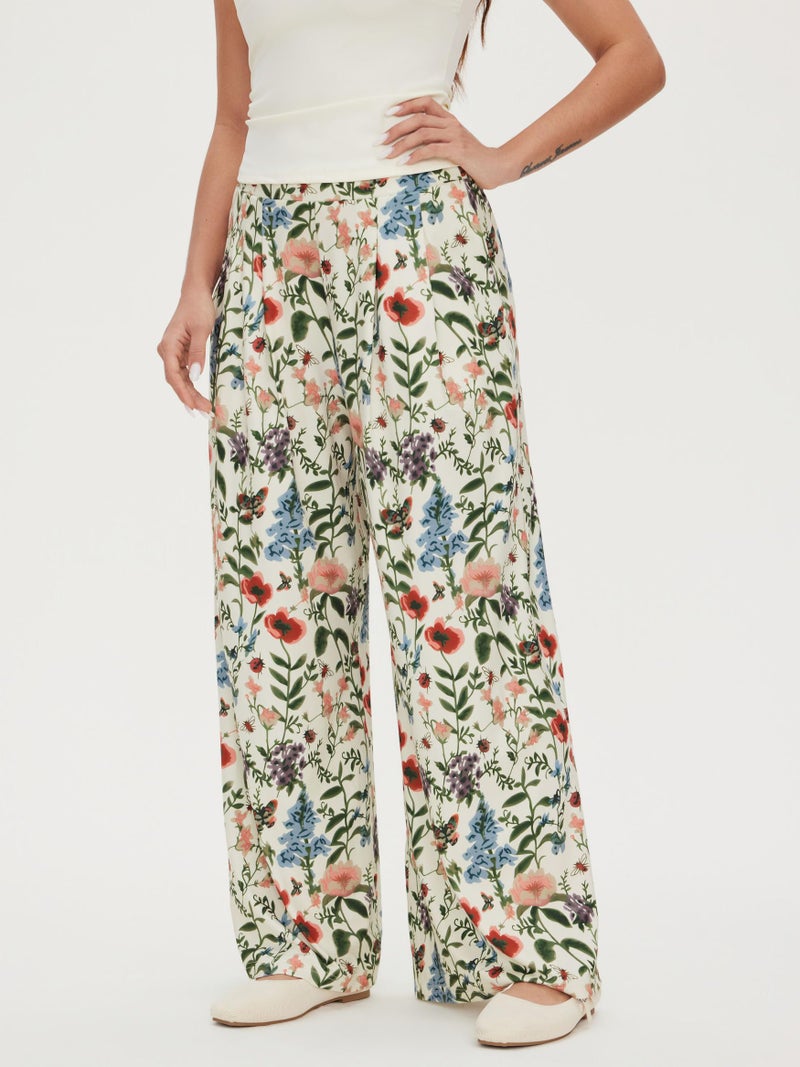 CIDER Womens Wide Leg Pants Floral Elastic Waist Palazzo Pants Boho Summer Casual Fashion Outfits Beige - Image 3