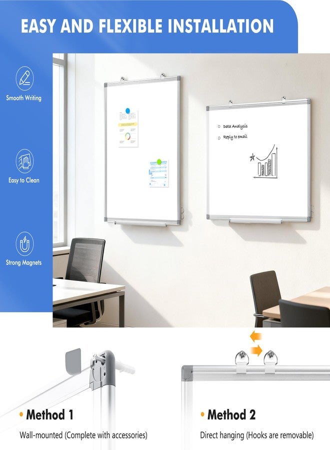 WALGLASS لوحة بيضاء مزدوجة الجوانب من والغلاس، مقاس 24 × 18 بوصة، قابلة للمسح الجاف، لوحة بيضاء مغناطيسية للتعليق على الحائط، إطار من الألومنيوم الفضي للمنزل والمدرسة والمكتب والمطبخ - Image 2