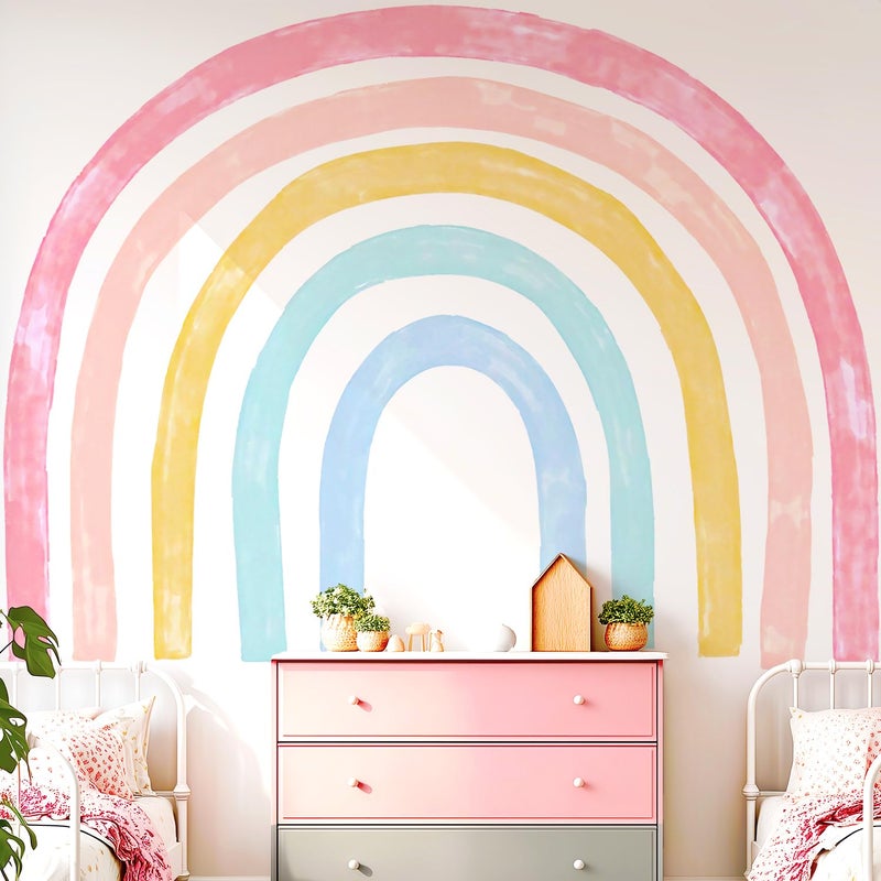 Kingarch Large Watercolor Rainbow Wall Decals, Colorful Peel and Stick Fabric Nursery Wall Decor, Removable Home Room Wall Decor Murals Stickers for Kids Girls Toddler Bedroom Living Room Playroom - Image 1