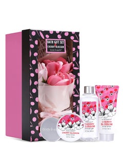 BODY & EARTH Bath and Body Gift Set for Women - Cherry Blossom Scent with Spa Gift Box, 5 Piece Home Spa Set Includes Shower Gel, Body Scrub, Body Lotion, Hand Soap, Rose Flower, Bath Set Gift for Her 