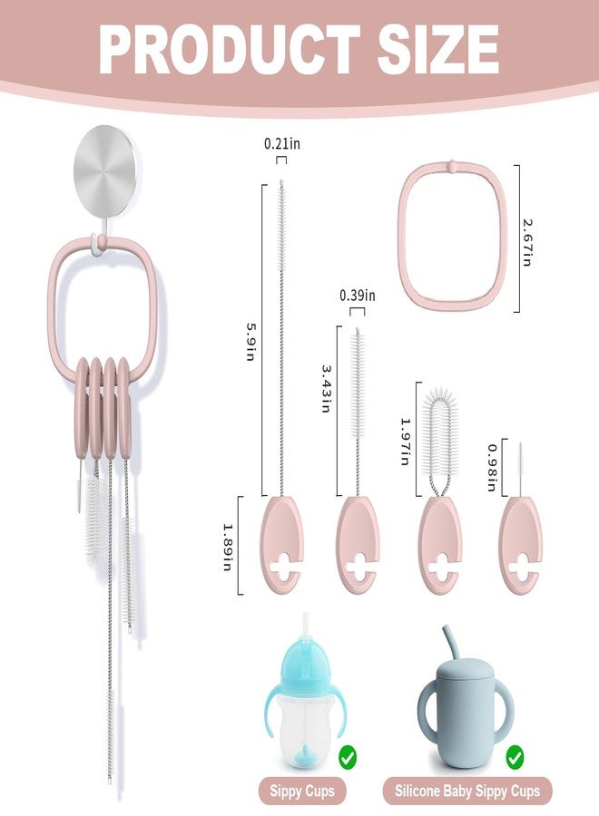 YOTIME Standing Straw Cleaner Brush Set, 4in1 Reusable Straw Brushes with Holder Ring, for Baby Bottles, Sippy Cups and Lids, Pink - Image 2