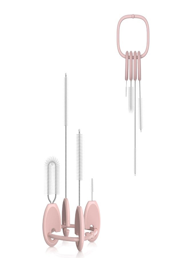 YOTIME Standing Straw Cleaner Brush Set, 4in1 Reusable Straw Brushes with Holder Ring, for Baby Bottles, Sippy Cups and Lids, Pink - Image 1