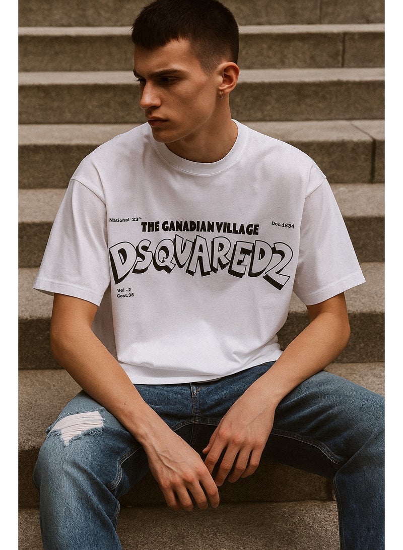 DSQUARED2 White Graphic Oversized Men’s T-Shirt – Bold Text Design Premium Cotton Streetwear - Image 2
