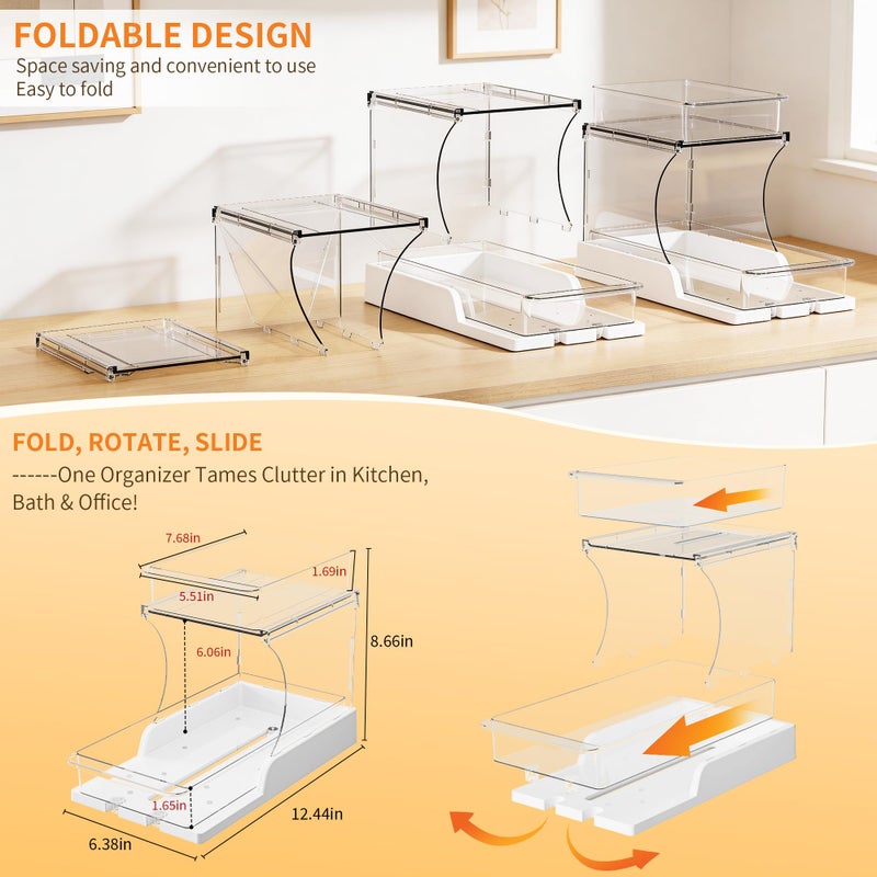 Attelite Pull Out Cabinet Organizer, 2 Tier Bathroom Counter Organizer with 180Â° Rotating and Foldable Design, Sliding Drawers Clear Spice Rack Organizer for Cabinet, Under Sink Organizer - Image 3
