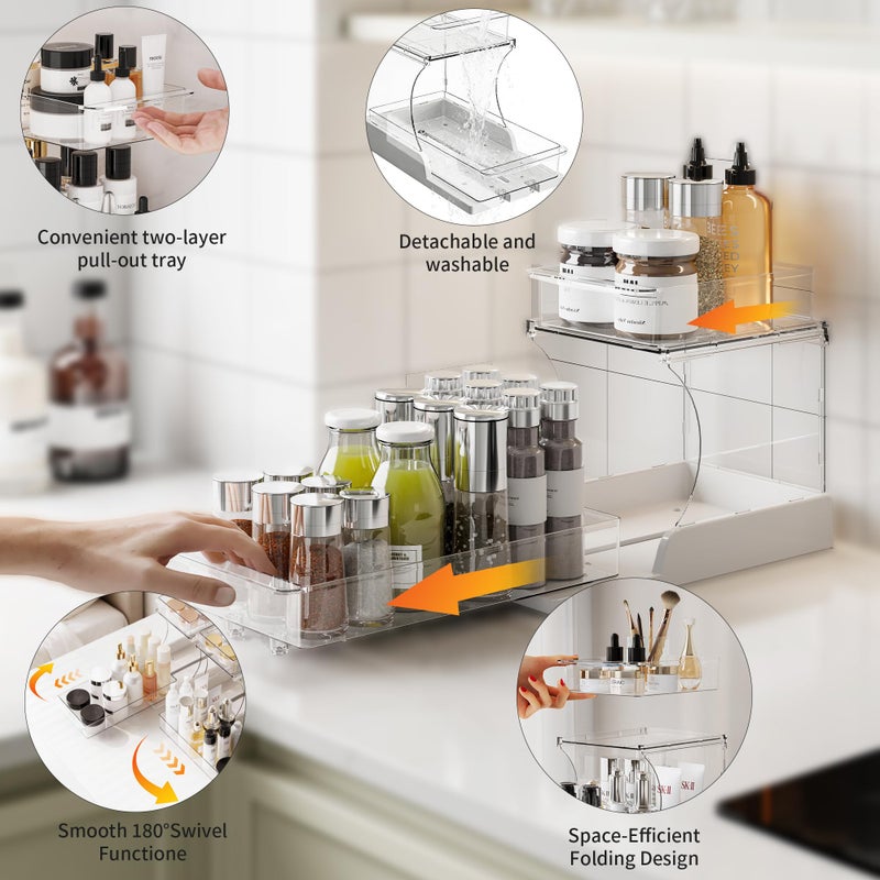 Attelite Pull Out Cabinet Organizer, 2 Tier Bathroom Counter Organizer with 180Â° Rotating and Foldable Design, Sliding Drawers Clear Spice Rack Organizer for Cabinet, Under Sink Organizer - Image 4