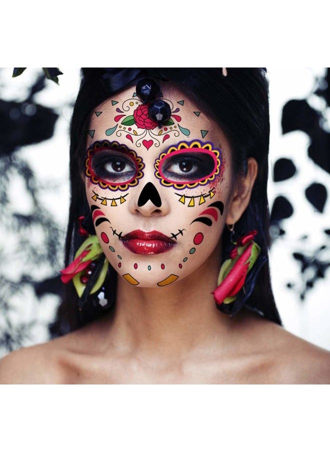 Dream Loom - Halloween Temporary Face Tattoos, 8pcs Day of the Dead Sugar Skull Floral Face Tattoo for Adult Kids Halloween Party (Face stickers) - Image 1