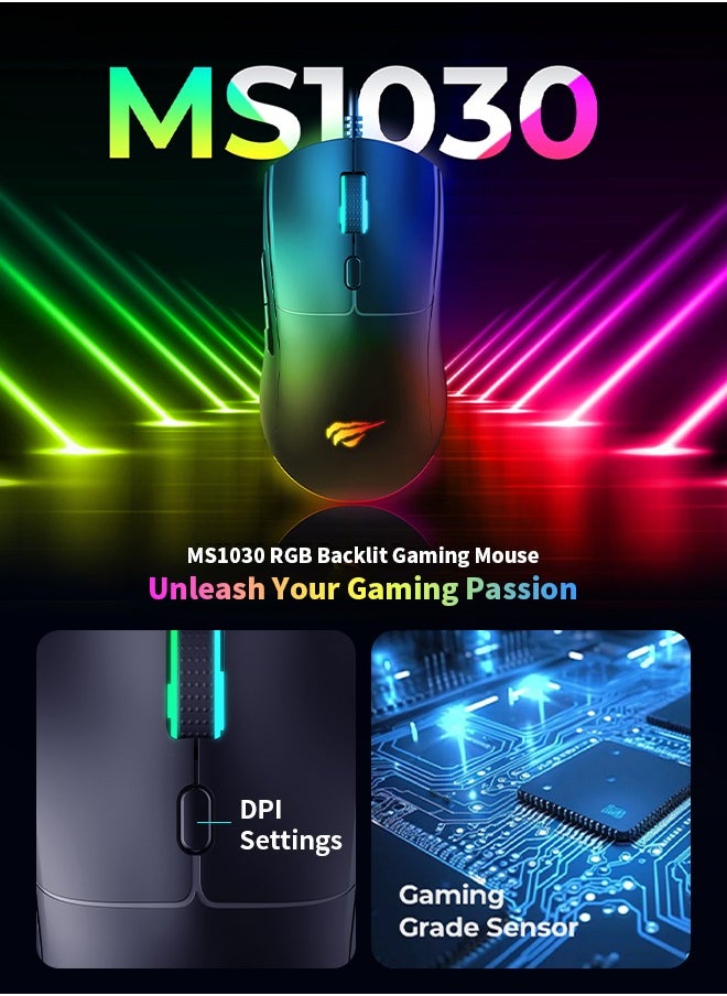 هافيت - ماوس ألعاب سلكي RGB ماوس ألعاب قابل للتعديل 3600 ديسيبل متوحد الخواص للكمبيوتر المحمول - Image 1
