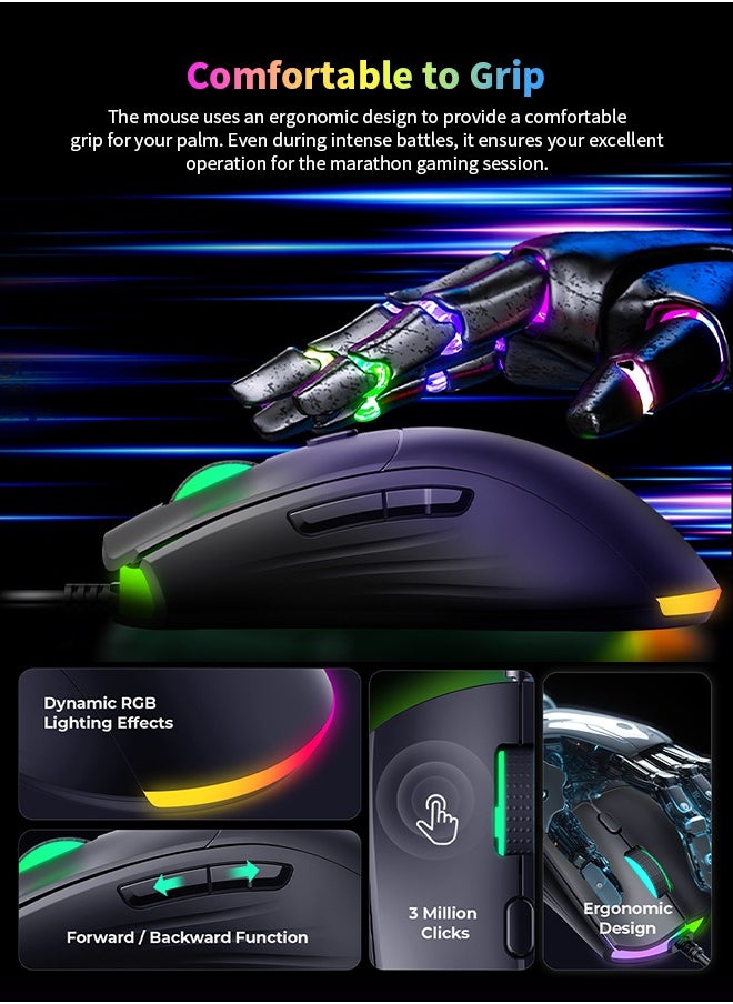 هافيت - ماوس ألعاب سلكي RGB ماوس ألعاب قابل للتعديل 3600 ديسيبل متوحد الخواص للكمبيوتر المحمول - Image 1