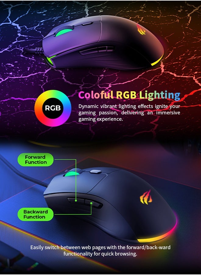هافيت - ماوس ألعاب سلكي RGB ماوس ألعاب قابل للتعديل 3600 ديسيبل متوحد الخواص للكمبيوتر المحمول - Image 1