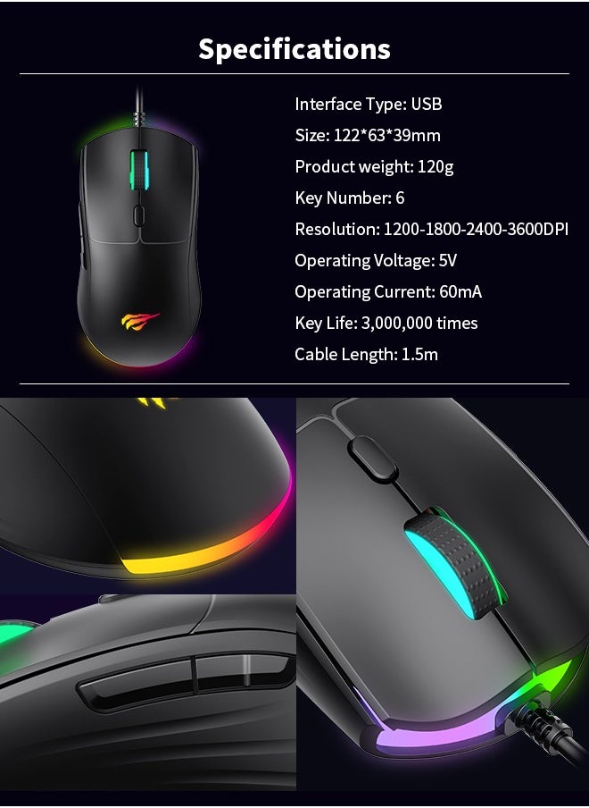 هافيت - ماوس ألعاب سلكي RGB ماوس ألعاب قابل للتعديل 3600 ديسيبل متوحد الخواص للكمبيوتر المحمول - Image 1