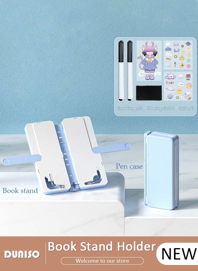 DUNISO 3 in 1 Book Stand Holder for Kid, Foldable Writing Case Book Rack and Drawing Board with Sticker for Kids,  Heights Adjustable Portable Book Holders for Textbook Phone Ipad Boys and Girls - Image 1