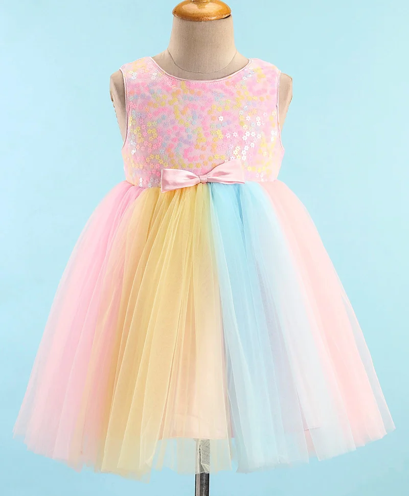 babyhug Babyhug Sleeveless Sequinned Party Frock with Bow Applique - Pink Yellow & Blue