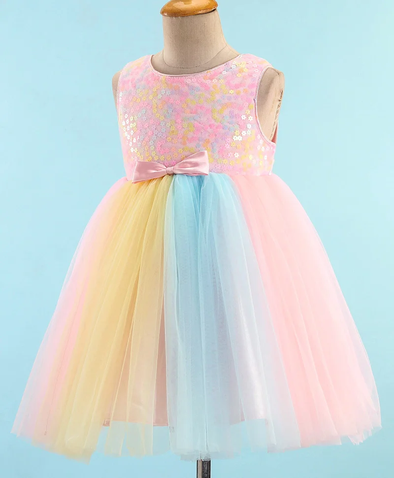 babyhug Babyhug Sleeveless Sequinned Party Frock with Bow Applique - Pink Yellow & Blue