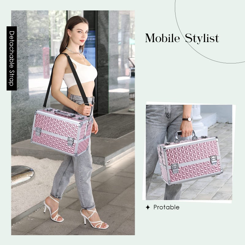 Joligrace صندوق مكياج جوليغرايس - منظم مستحضرات تجميل احترافي من الألمنيوم مع 4 فواصل قابلة للتعديل وصناديق قابلة للقفل محمولة مع حزام كتف - وردي محايد - Image 5