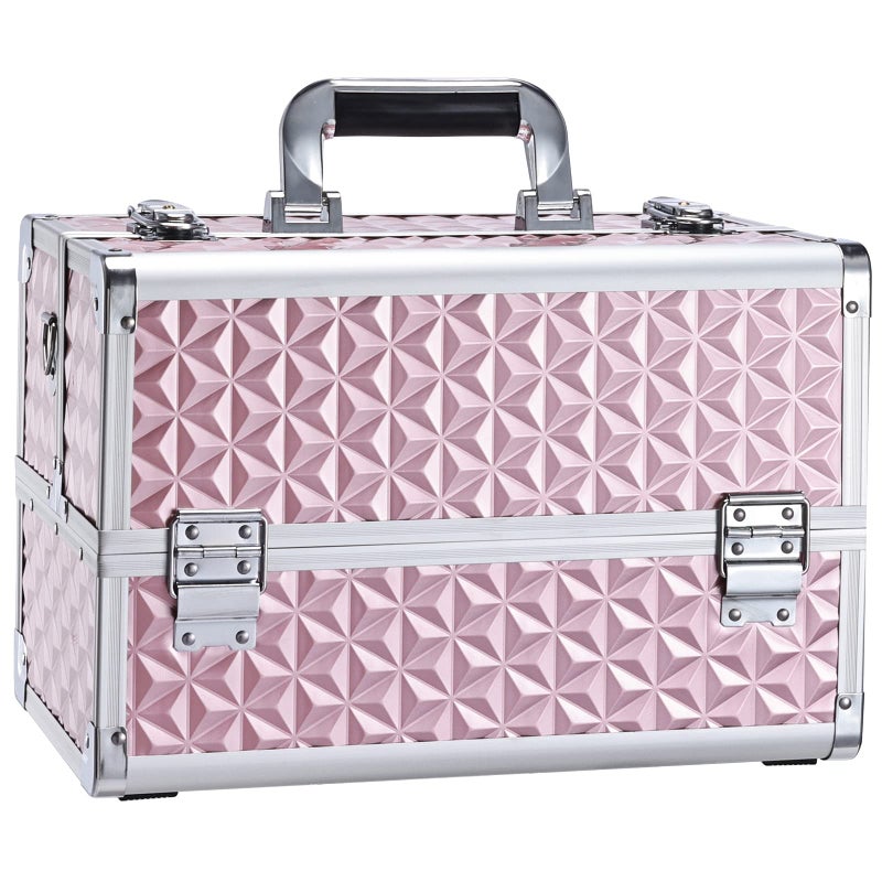 Joligrace صندوق مكياج جوليغرايس - منظم مستحضرات تجميل احترافي من الألمنيوم مع 4 فواصل قابلة للتعديل وصناديق قابلة للقفل محمولة مع حزام كتف - وردي محايد - Image 1