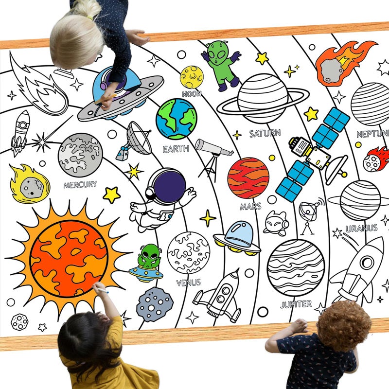 Leezead Outer Space Coloring Poster Large Space Coloring Tablecloth Solar System Space Themed Coloring Poster Table Cover Space Activity Poster for for Boys Girls Space Birthday Party Supplies