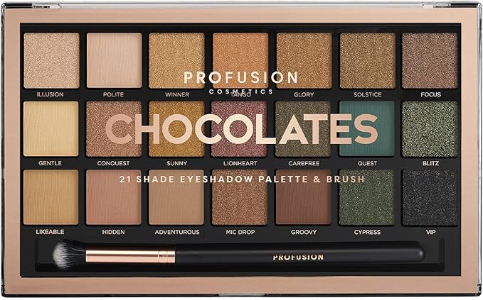Profusion Cosmetics 21 Shade Eyeshadow Palette Collection Brush Chocolates - Image 1