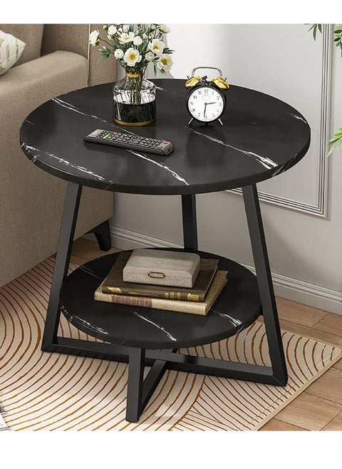 Two-Tier Circular Coffee Table And Sofa Side End Table For Home Living Room - Black & White