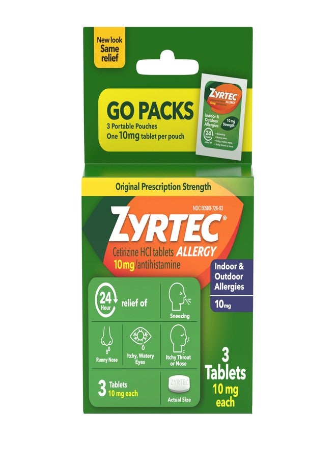 Zyrtec 24 Hour Allergy Relief Tablets, Antihistamine Indoor & Outdoor Anti Allergy Medicine + Cetirizine HCl, Relief from Runny Nose, Sneezing, & Itchy Eyes, Single Packs, 3 x 1 ct Packets - Image 1