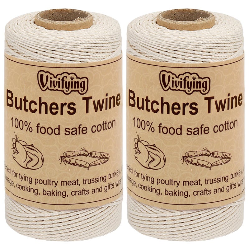 Vivifying Butchers Twine 2pcs x 328 Feet 3Ply Cotton Bakers Twine Food Safe Cooking String for Tying Meat Making Sausage Trussing Turkey Roasting and Packing Beige