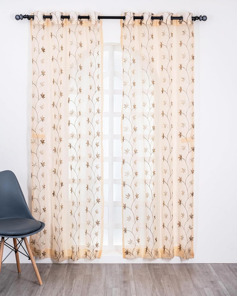 Parda Online 7 Ft Sheer Tissue Grommet Curtains with Embroidery Flower Design - Pack of 2 - Image 2
