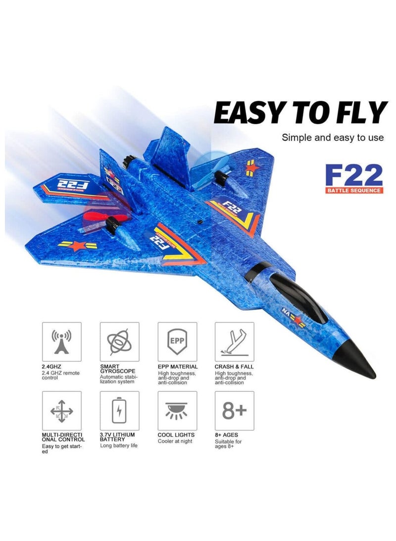 طائرة RC، F22 RC طائرة مقاتلة جاهزة للطيران، طائرة تحكم عن بعد بتردد 2.4 جيجا هرتز بقناتين، لعبة طائرات RC للأولاد والبنات والأطفال المبتدئين (أزرق) - Image 4