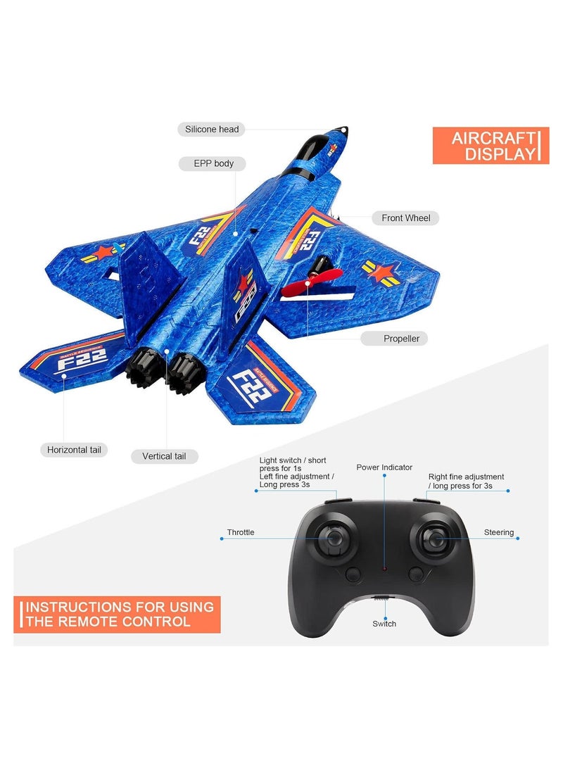 طائرة RC، F22 RC طائرة مقاتلة جاهزة للطيران، طائرة تحكم عن بعد بتردد 2.4 جيجا هرتز بقناتين، لعبة طائرات RC للأولاد والبنات والأطفال المبتدئين (أزرق) - Image 5