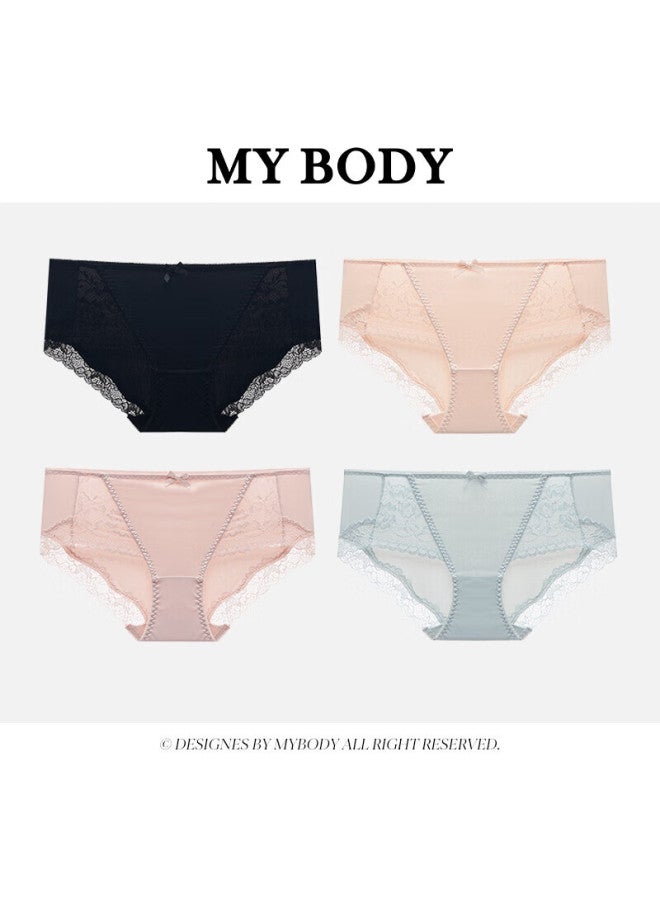 ماي بودي ملابس داخلية من القطن Mybody للنساء، 4 قطع، سراويل داخلية مثلثة الدانتيل، أسود + أزرق فاتح + كريمي + وردي خوخي، المقاس L - Image 1