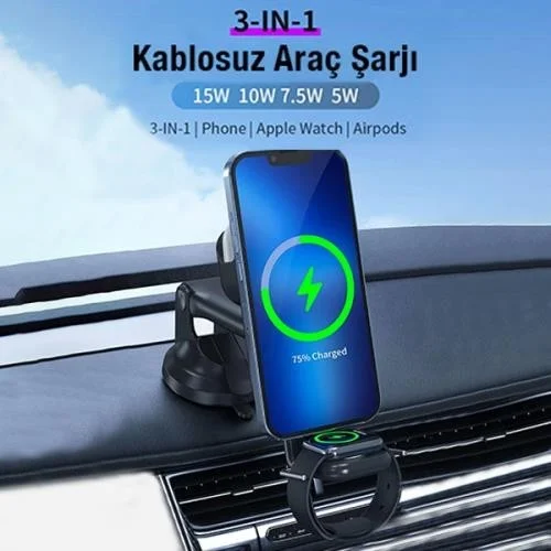 بولهاموبيل Polham 3in1 15W Magsafe Apple iPhone 12,13,14 Series, Airpods and Apple Watch Wireless Charging Phone Holder