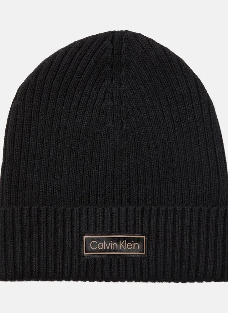 CALVIN KLEIN PATCH CHUNKY RIB COTTON BEANIE