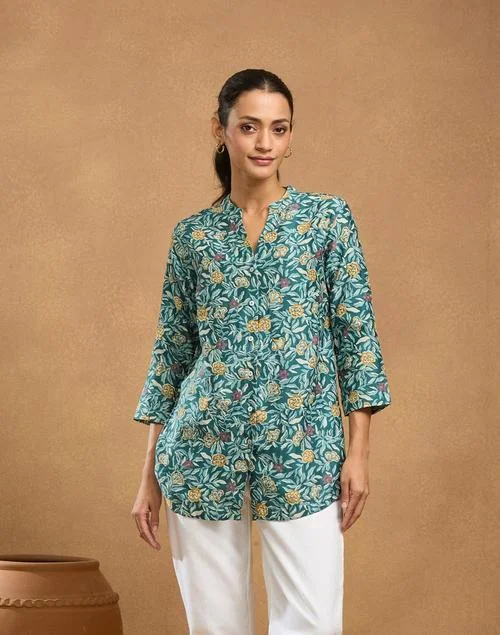Fabindia Green Cotton Silk Hand Block Printed Tunic