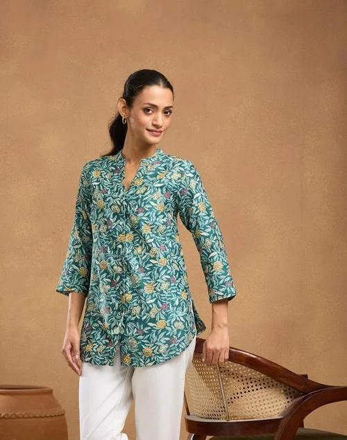 Fabindia Green Cotton Silk Hand Block Printed Tunic