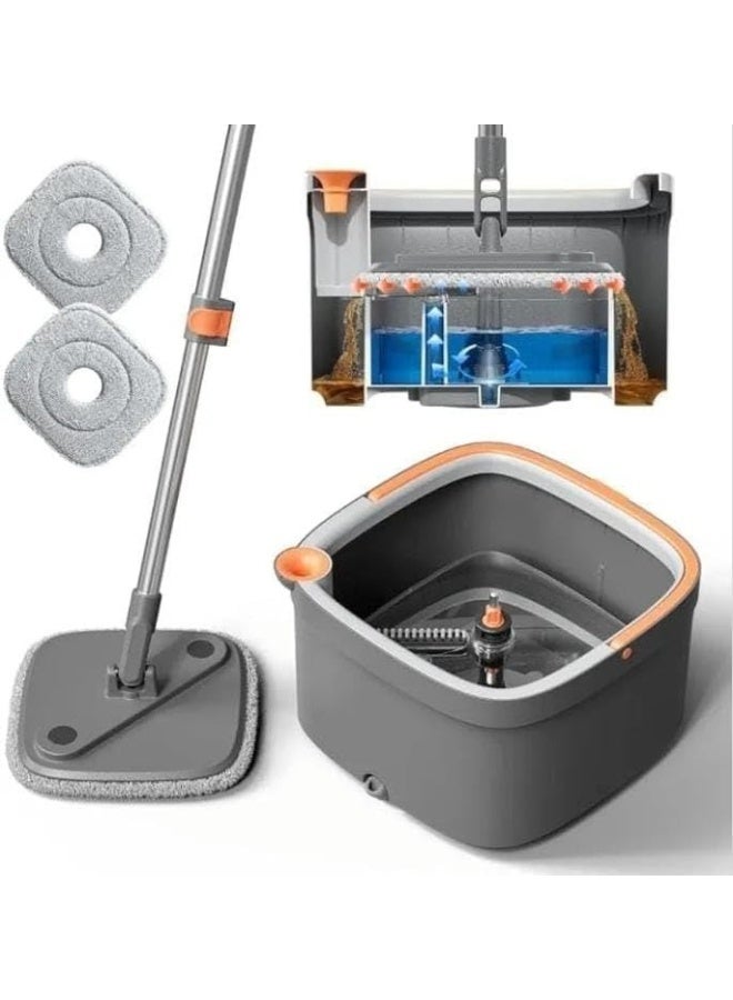 طقم ممسحة ودلو دوار – ممسحة ذاتية العصر دوارة 360 درجة مع فصل الماء النظيف عن الماء المتسخ للأرضيات الخشبية والبلاط والرخام - Image 1