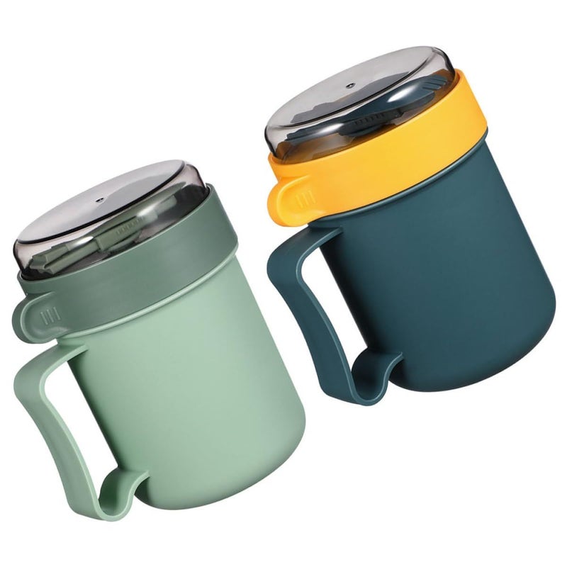 2 Pcs Portable Soup Cup with Lid and Spoon Microwave Safe Travel Food Jar Blue and Green Set - Image 2