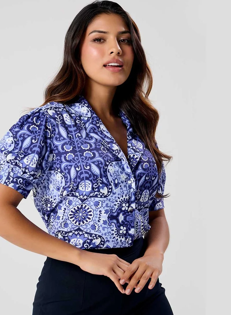 زجزاج Deep Vneck Lapel Blue Printed Top