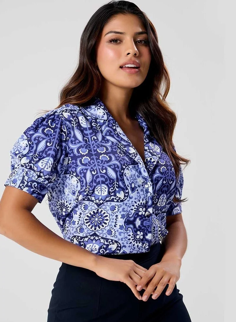 Zigzag Deep Vneck Lapel Blue Printed Top