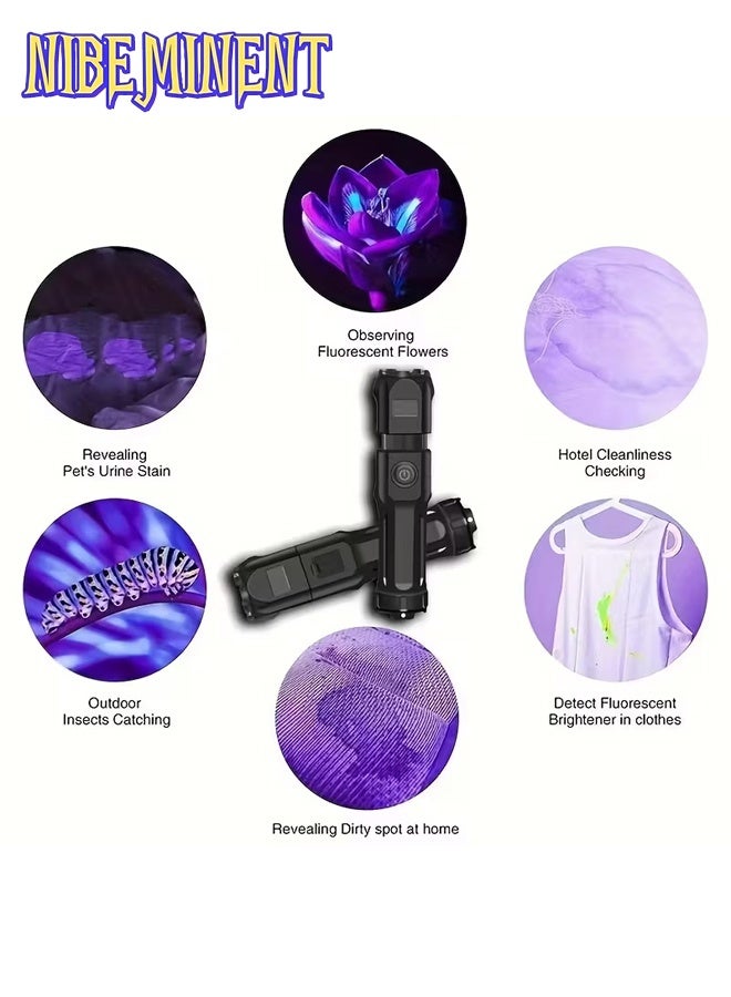 NIBEMINENT مصباح فلاش UV عالي القوة - ضوء قابل للتكبير 395NM مع 3 أوضاع، بطارية ليثيوم قابلة للشحن، كابل USB متضمن، مادة ABS، مثالي للكشف عن بقع الحيوانات الأليفة وتحديد الفلورسنت، ضوء UV محمول | تصميم مريح | مصباح فلاش متين، مصباح فلاش قابل للشحن - Image 4