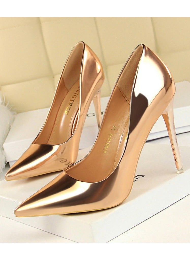 BIGTREE Women's Comfortable Shiny Stiletto Pumps 10.5cm Elegant Gorgeous Closed Pointed Toe Slip On Solid High Heels Champagne - Image 1