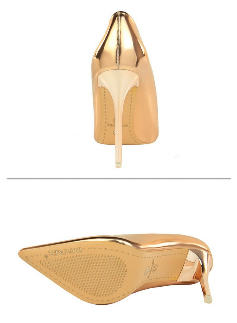 BIGTREE Women's Comfortable Shiny Stiletto Pumps 10.5cm Elegant Gorgeous Closed Pointed Toe Slip On Solid High Heels Champagne - Image 3