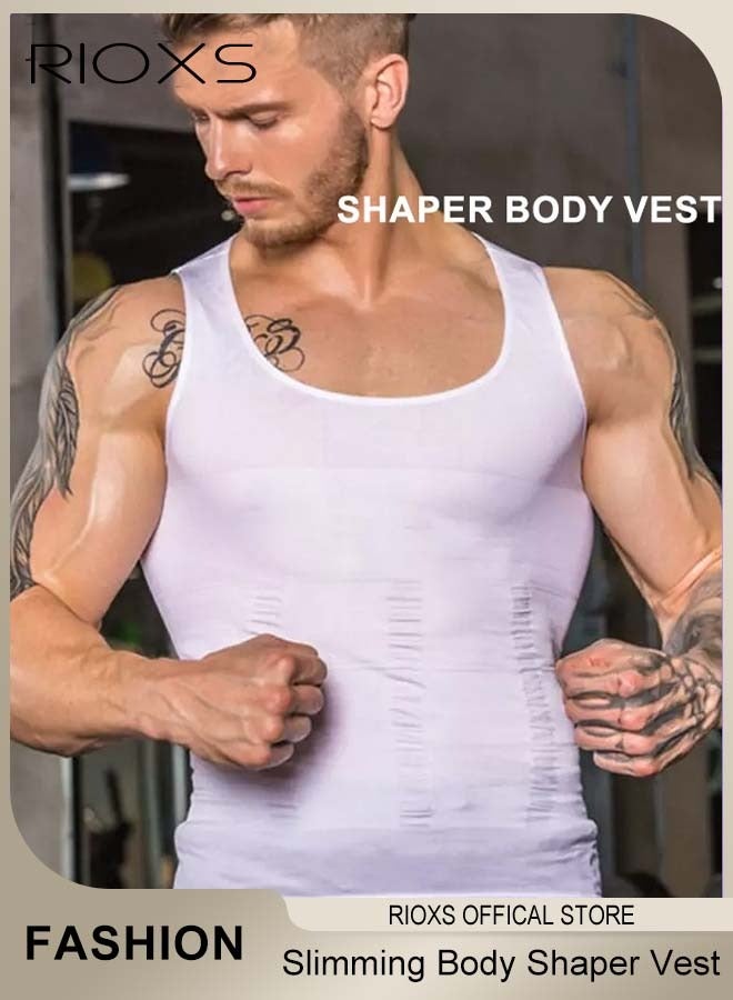 ريوكس سترة نحيفة للرجال، قميص رياضي ناعم ومسامي، سترة ضاغطة نحيفة للرجال، سترة ضيقة نحيفة للبطن، قميص ضيق نحيف للعضلات للتمارين الرياضية واللياقة البدنية والجري وركوب الدراجات وكرة القدم وغيرها، أبيض - Image 1