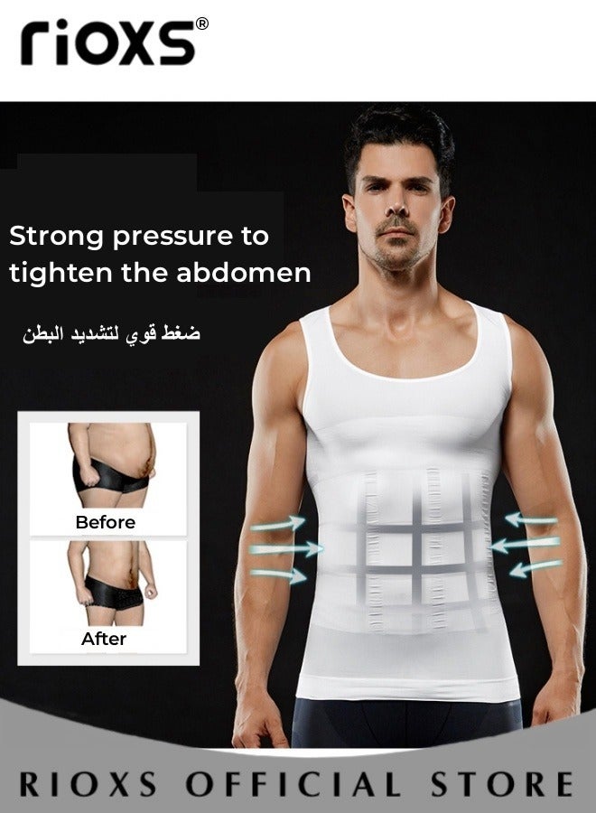 ريوكس سترة نحيفة للرجال، قميص رياضي ناعم ومسامي، سترة ضاغطة نحيفة للرجال، سترة ضيقة نحيفة للبطن، قميص ضيق نحيف للعضلات للتمارين الرياضية واللياقة البدنية والجري وركوب الدراجات وكرة القدم وغيرها، أبيض - Image 2