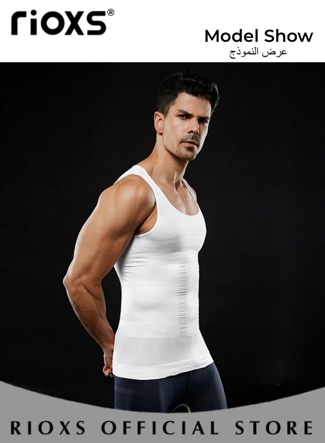ريوكس سترة نحيفة للرجال، قميص رياضي ناعم ومسامي، سترة ضاغطة نحيفة للرجال، سترة ضيقة نحيفة للبطن، قميص ضيق نحيف للعضلات للتمارين الرياضية واللياقة البدنية والجري وركوب الدراجات وكرة القدم وغيرها، أبيض - Image 5