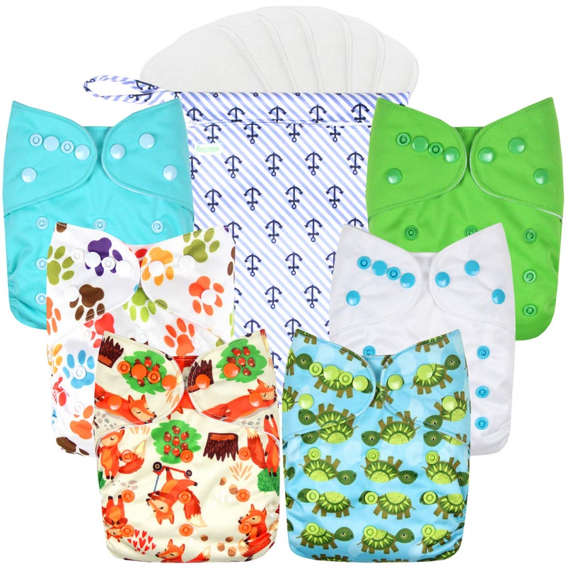 wegreeco Cloth Diapers 6 Pack with 6 Inserts & 1 Wet Bag, Washable Cloth Diapers for Babies, One Size Adjustable Reusable (Neutral Prints) - Image 1