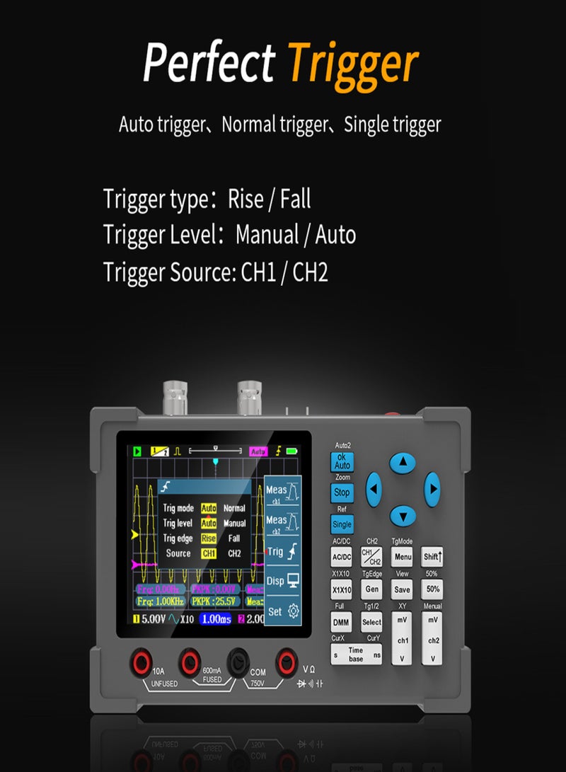 3in1 Oscilloscope Multimeter Signal Generator Machine 3.2inch IPS Display Oscope Meter Handheld Oscilloscope 120Mhz Bandwidth 250MSa/s Sampling Rate Dual Channel Oscillometer with Waveform Save and - Image 2