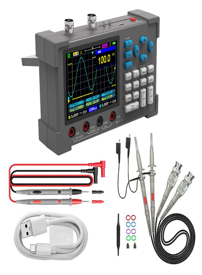 3in1 Oscilloscope Multimeter Signal Generator Machine 3.2inch IPS Display Oscope Meter Handheld Oscilloscope 120Mhz Bandwidth 250MSa/s Sampling Rate Dual Channel Oscillometer with Waveform Save and - Image 1