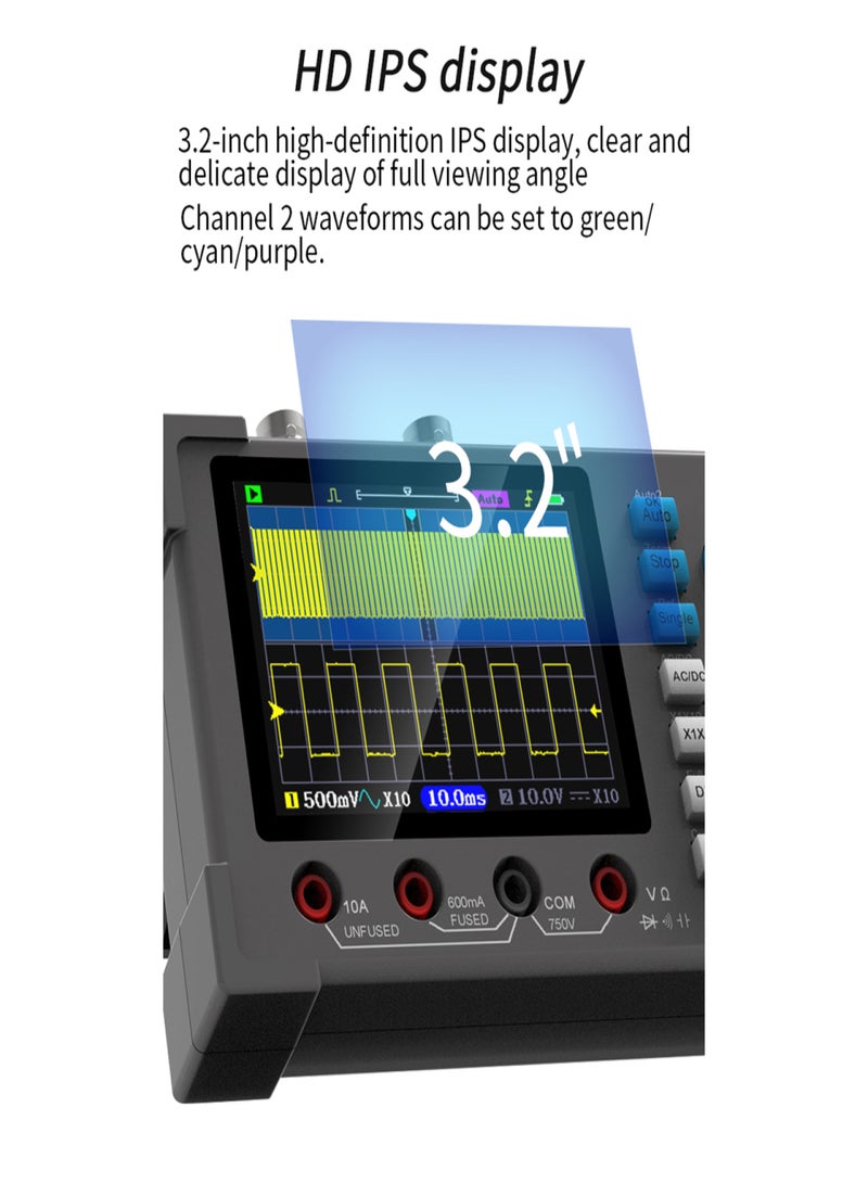 3in1 Oscilloscope Multimeter Signal Generator Machine 3.2inch IPS Display Oscope Meter Handheld Oscilloscope 120Mhz Bandwidth 250MSa/s Sampling Rate Dual Channel Oscillometer with Waveform Save and - Image 5