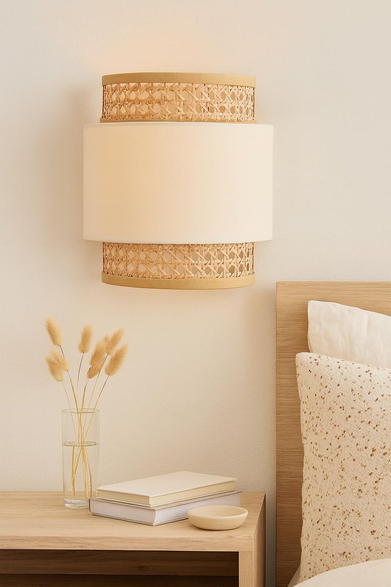 AKWAY Bamboo Wall Lamps for Living Rooms | Rattan and Cane Webbing Wall Lamps for Bedroom | Wicker for Home Decoration (Bulb not Included) (Off White Cylindrical) - Image 5
