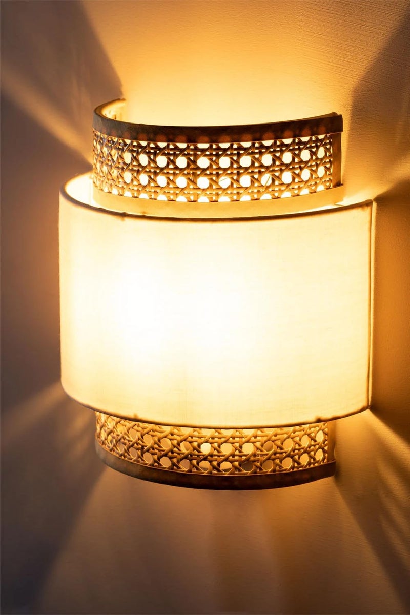 AKWAY Bamboo Wall Lamps for Living Rooms | Rattan and Cane Webbing Wall Lamps for Bedroom | Wicker for Home Decoration (Bulb not Included) (Off White Cylindrical) - Image 2