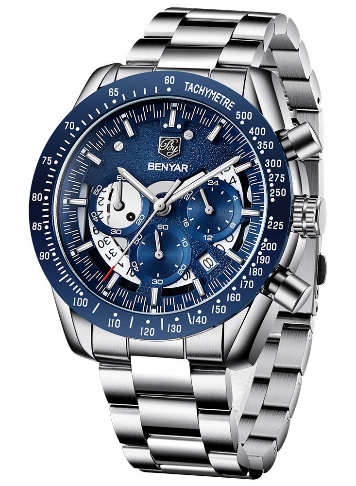 BENYAR Watches for Men Watch Quartz Luxury Stainless Steel Water Resistant Chronograph Watch 5120 Silver - Image 1