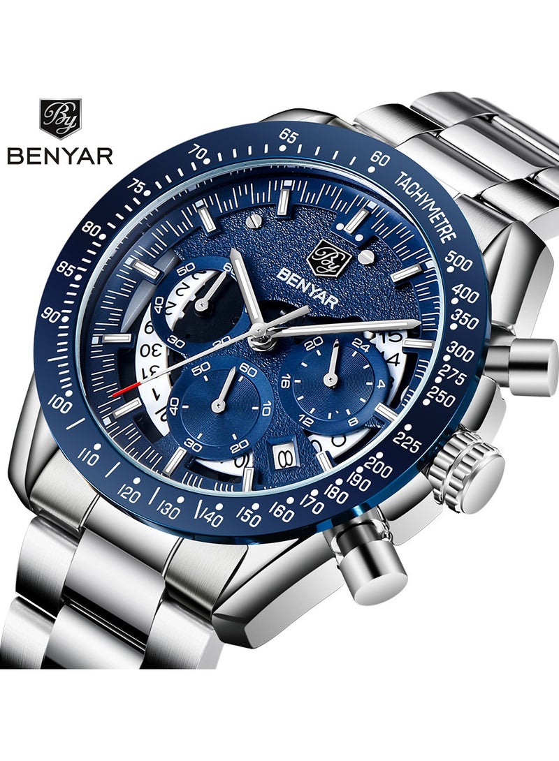 BENYAR Watches for Men Watch Quartz Luxury Stainless Steel Water Resistant Chronograph Watch 5120 Silver - Image 2